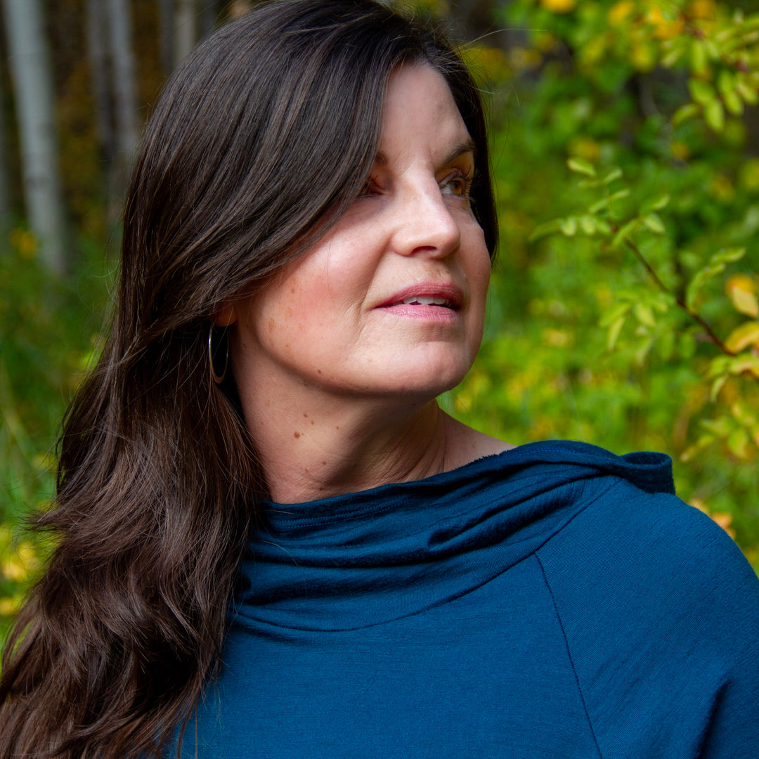 Merino wool cowl hoodie in peacock blue