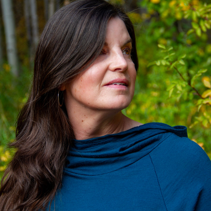 Merino wool cowl hoodie in peacock blue