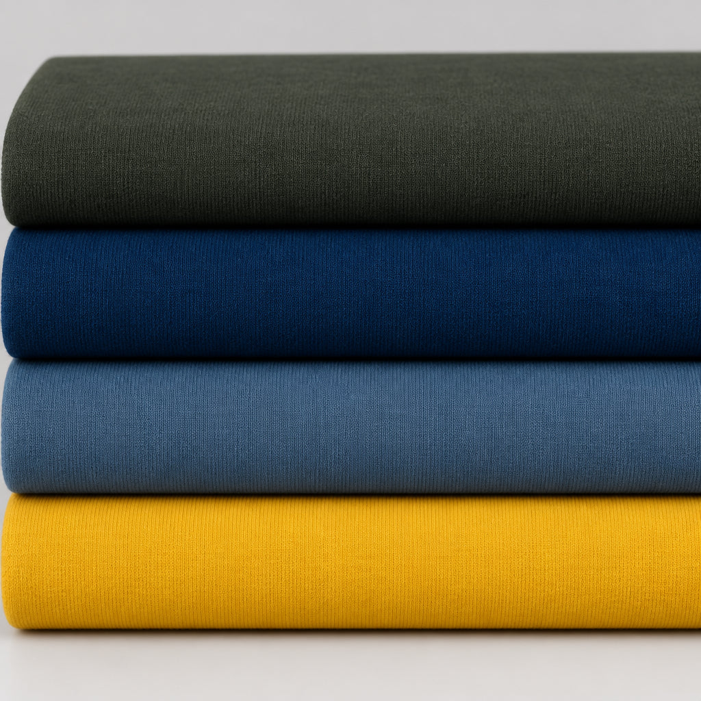 Three folded fabric or textile rolls stacked horizontally, showing solid colors: dark olive green on top, deep blue in the middle, and mustard yellow on the bottom.